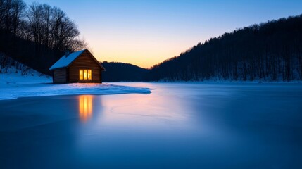 Fototapeta premium A serene winter scene featuring a cozy cabin by a frozen lake, illuminated warmly against a twilight sky.