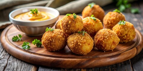 Crispy Fried Potato Balls with Mustard Dip on Wooden Board, appetizer, potato balls, fried food