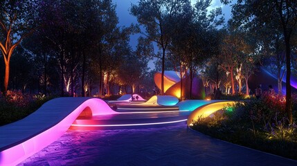 A glowing urban park filled with futuristic sculptures and gradient waves of light flowing along its pathways. The vibrant design blends innovation with relaxation, creating a unique green space. 