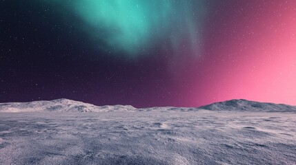 A stunning landscape showcasing a colorful aurora borealis illuminating a snowy terrain under a starry sky.
