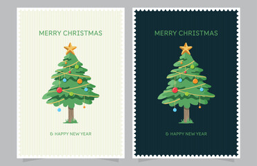 Two Merry Christmas and Happy New Year Greeting Card with Tree