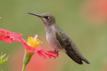 Fototapeta premium Hummingbird perched on vibrant red flower capturing nature's beauty against soft green background.