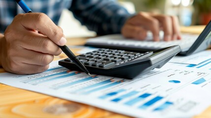Businessperson analyzing financial documents with graphs and a calculator on the desk