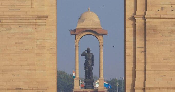 Delhi, India. Statue of Subhas Chandra Bose. Netaji's Statue, is a monolithic statue made of black granite, dedicated to Netaji Subhas Chandra Bose, Indian freedom fighter and Commander-in-Chief of