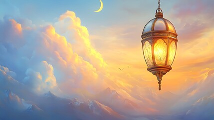 Obraz premium Golden Lantern Hanging Over Serene Mountain Landscape