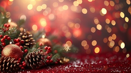 Festive christmas scene with ornaments and bokeh lights on a glittering red background