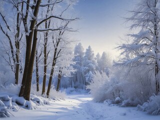 snow covered trees and path at winter forest 