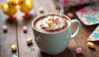 Steaming hot chocolate topped with whipped cream and colorful candies, festive spring setting with decorative ducks, copy space