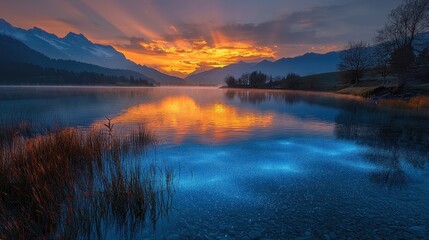A tranquil alpine lake glowing with gradient waves of light reflecting off its calm surface. The surreal illumination blends seamlessly with the natural beauty of the surrounding peaks. A serene 