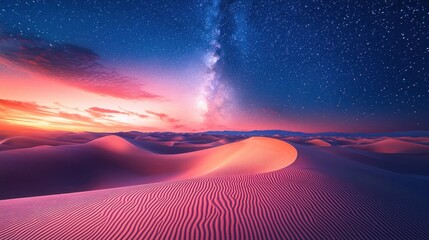 A tranquil desert glowing with gradient waves of light flowing across its vast dunes under a starry sky. The surreal illumination contrasts with the stillness and natural beauty of the environment. 