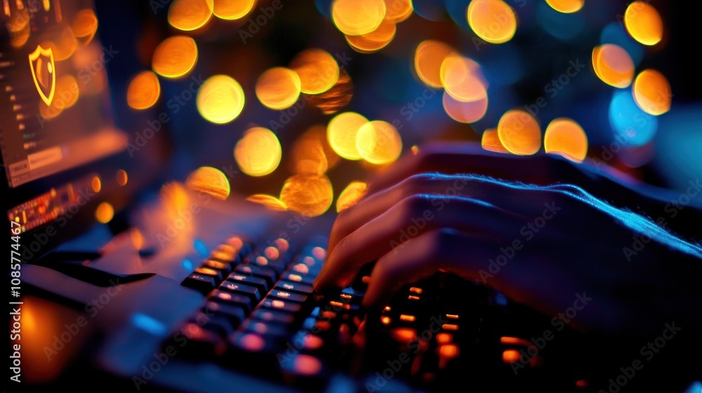 Poster close-up of hands typing on a keyboard with blurred lights in the background.