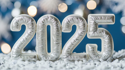 Festive silver puffy '2025' celebration with snow and bokeh lights