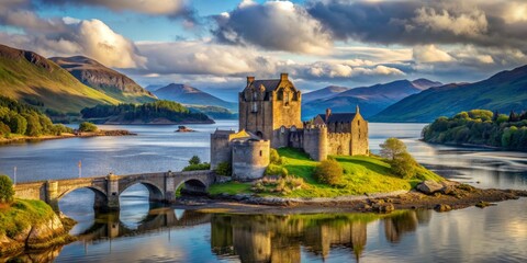 Obraz premium Eerie Castle on a Scottish Isle Golden Hour Reflections, Digital Painting, Scottish Highlands, Castle, Landscape