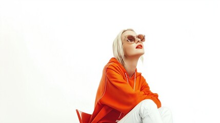 Fashionable woman in orange hoodie and sunglasses