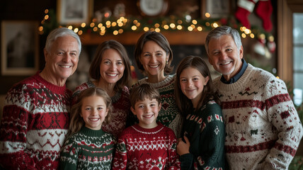 Multigenerational Family Posing in Christmas Sweaters