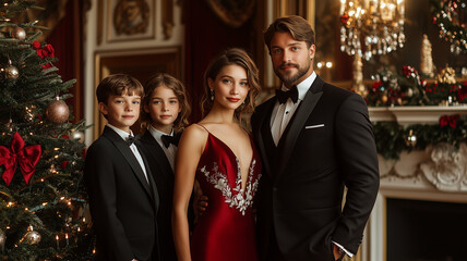 Stylish Family Dressed Formally Posing for Christmas Portrait