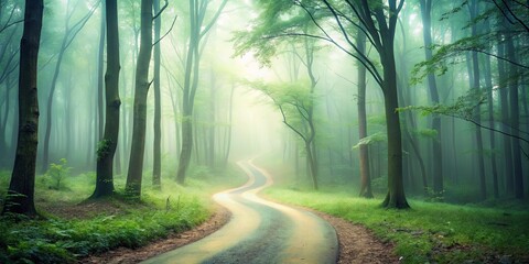 Fototapeta premium Serene winding path through a mystical fog-laden forest with lush green foliage and tall trees