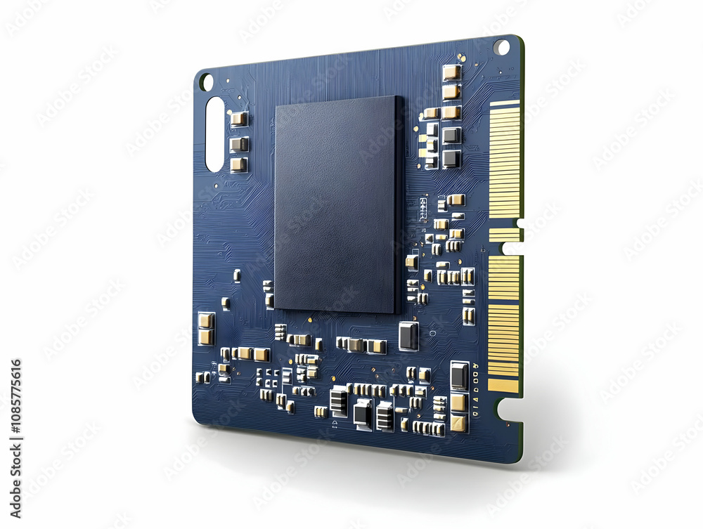 Poster close-up view of a modern circuit board showcasing intricate electronic components and connections.
