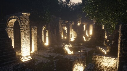 Mystical Twilight at Ancient Roman Ruins - Detailed 3D Render with Dramatic Lighting and Nostalgic Ambiance