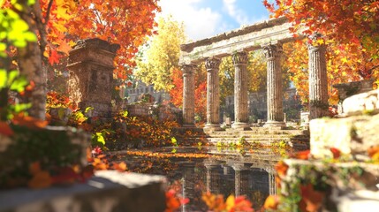 Timeless Grace: Vibrant Autumn Foliage Embracing Roman Forum Ruins in 3D Render Artwork with Dramatic Light