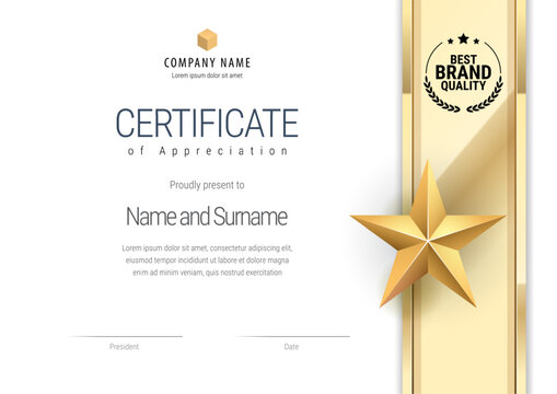 Award certificate with a gold star and a golden ribbon. Strict style. Modern design diploma template. Vector illustration.