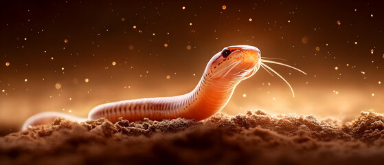 Fototapeta premium A close-up of a vibrant orange snake emerging from the soil, showcasing its unique features and textures.