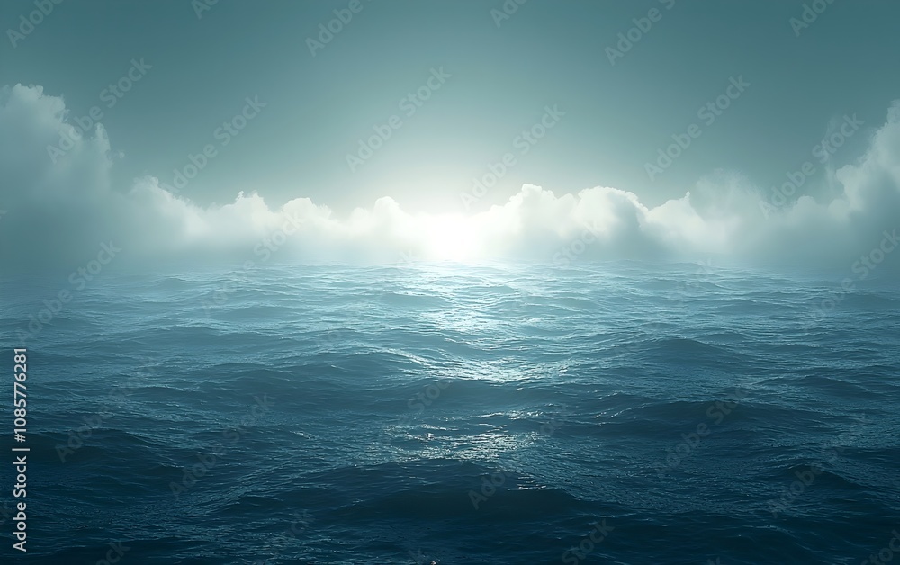 Poster a serene view of the ocean at dawn, with soft waves reflecting light under a misty sky, creating a t
