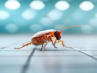 Close-up of a cockroach on a tiled surface, showcasing intricate details and vibrant colors in a clean environment.