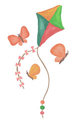 Vibrant illustration with flying kite and playful butterflies