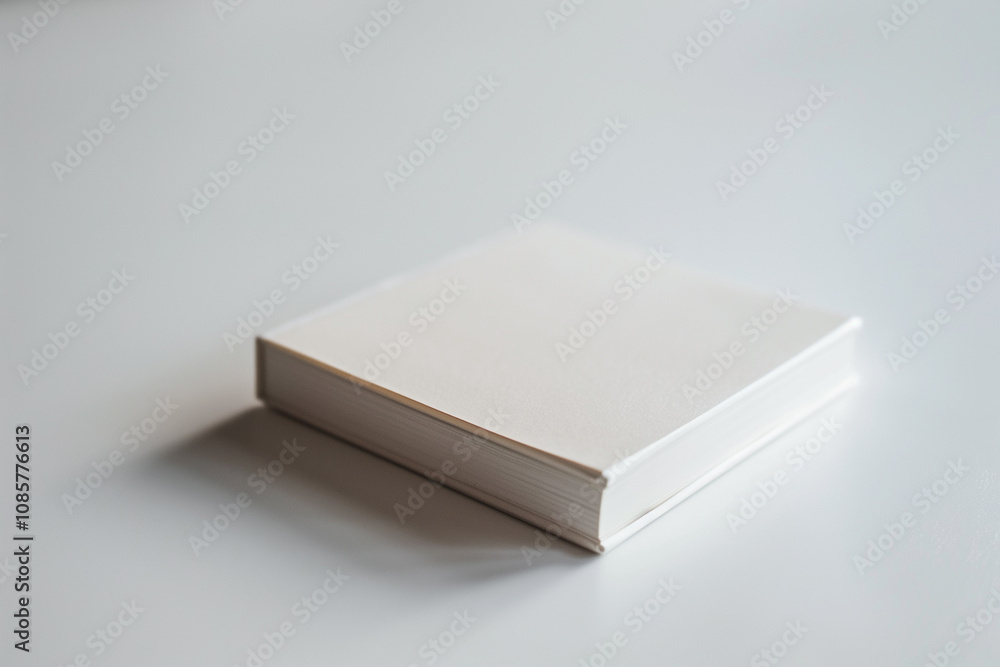 Poster a small, square notepad positioned diagonally on a pristine white surface, with the top page gently 