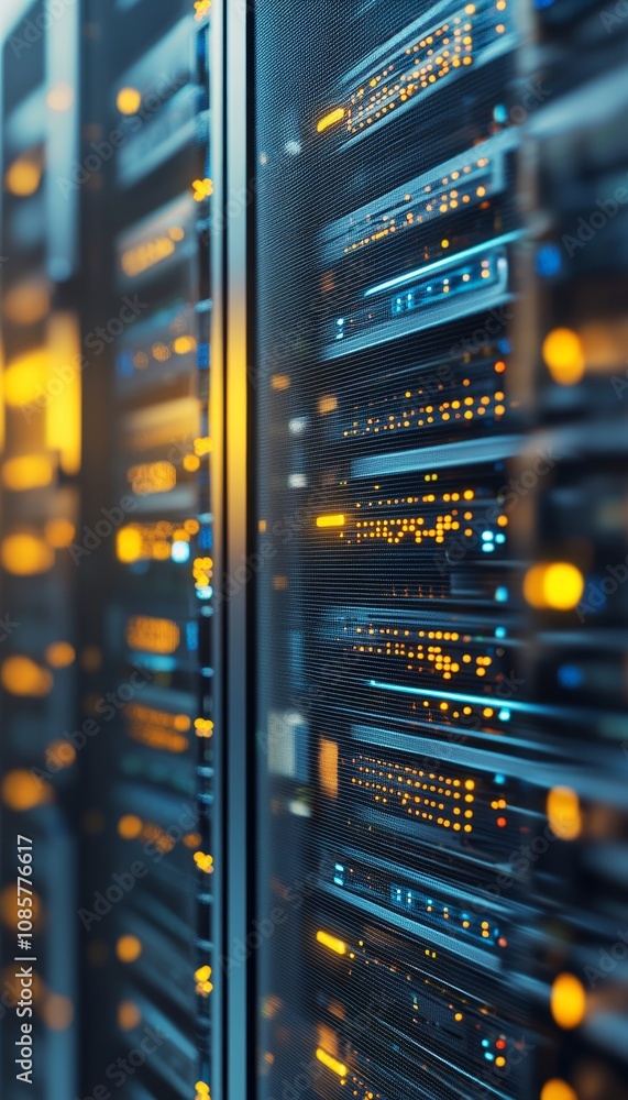 Poster close up of a data center server bathed in yellow light in a modern tech office with copy space