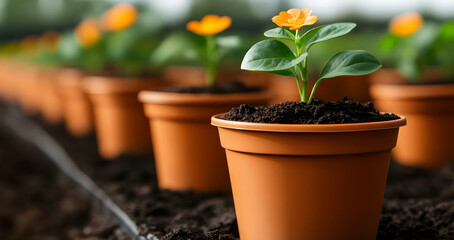 A close-up of vibrant orange flowers in clay pots, symbolizing growth and nature's beauty in a serene garden setting.