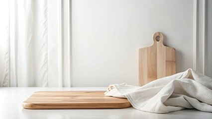 Minimalist Kitchen Still Life Wooden Cutting Board and Linen Cloth on White Counter