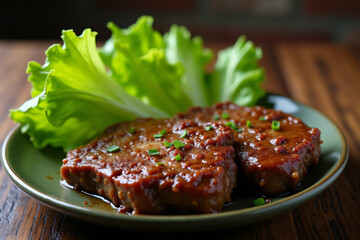 Fried Meat patties grill on a plate. with fresh lettuce leaves close-up