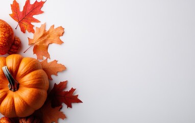 Autumn decor featuring a pumpkin and vibrant leaves on a white background.