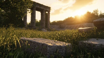 Majestic Sunset at Crumbling Roman Amphitheater - Stunning 3D Render of Historic Monument in Golden Light