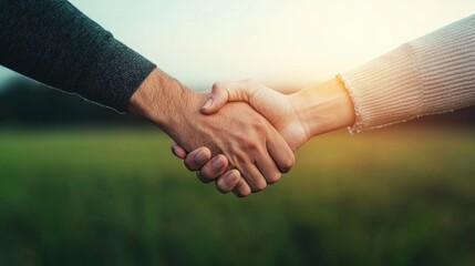Handshake Icon: Diverse group of people joining hands in a circle, symbolizing unity, teamwork, and global collaboration, against a natural backdrop.