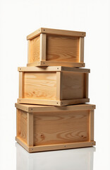 Three-dimensional image of a tower of wooden boxes on a white background.