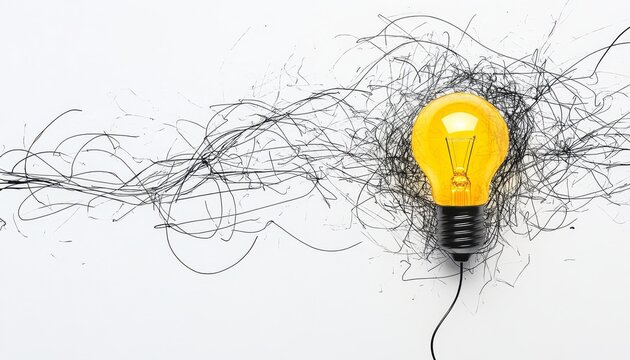 A yellow light bulb on a white background symbolizing creativity amidst chaos and complexity