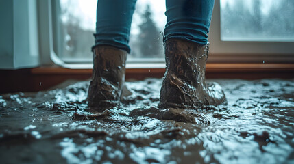 A Person Standing in Muddy Water Wearing Rubber Boots Inside a House During a Flood, Capturing the Struggles of Homeowners Facing Natural Disasters