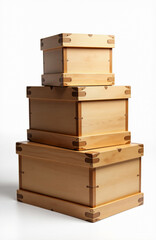 Three-dimensional image of a tower of wooden boxes on a white background.