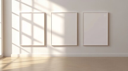 Fototapeta premium Sunlight Illuminates Three Empty Frames on a White Wall Above a Wooden Floor