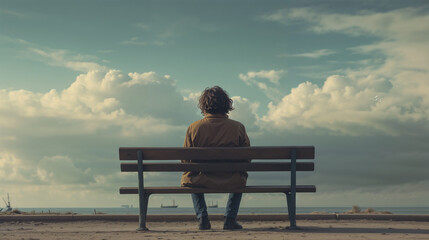 Man sitting on a bench at a seaside under cloudy sky