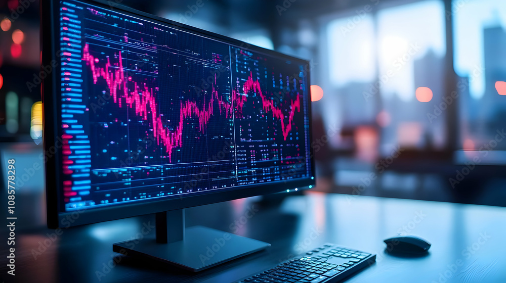 Aufkleber a close-up of a modern computer screen displaying vibrant financial data and stock market charts at 