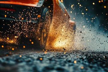 Close up of wrc car skidding on wet terrain, sparks and splashes enhance rally racing thrill