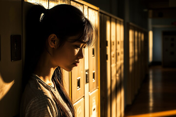 Asian girl leaning against school lockers in warm light