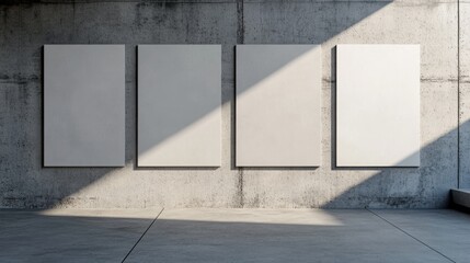 Four Blank Canvases on a Concrete Wall with Shadows and a Concrete Floor