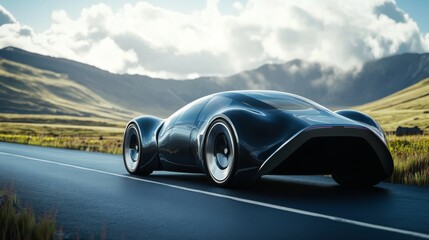 Obraz premium Futuristic Black Sports Car Driving on a Winding Road Through Mountains