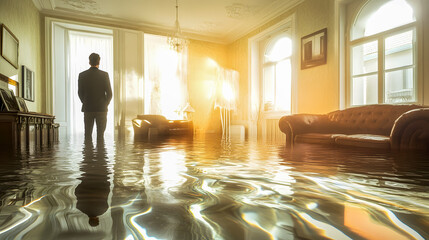 Somber Reflection in a Flooded Living Room: A Man Contemplates the Impact of Water Damage in an Elegant Interior Space with Submerged Furniture and Dramatic Lighting