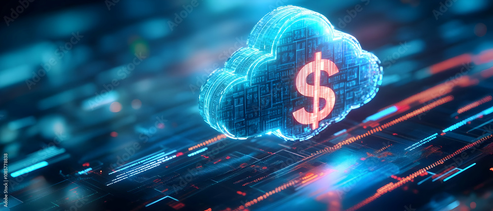 Poster futuristic cloud computing with digital dollar symbol, representing finance and innovation in the te
